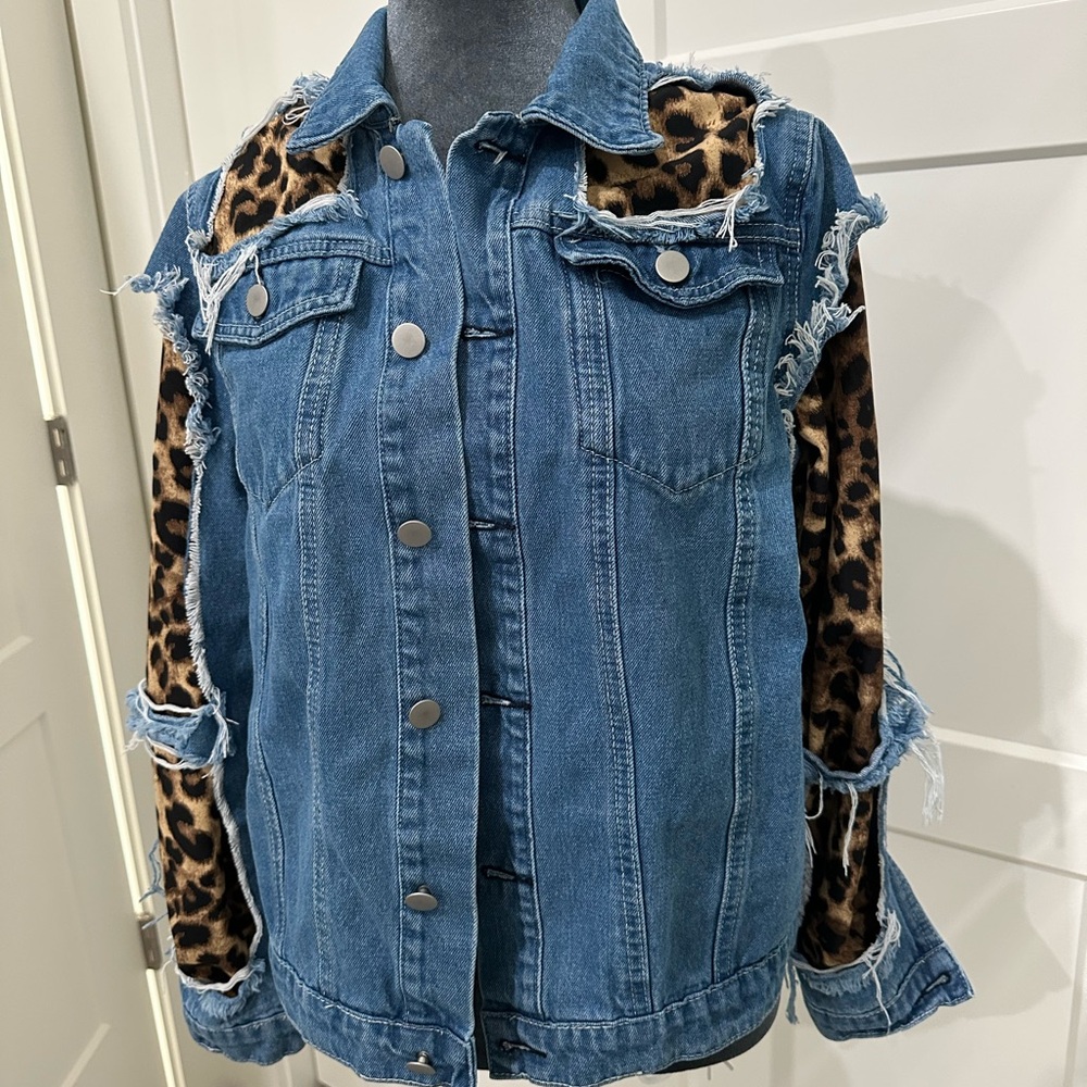 Denim Leopard Print Women's Jacket